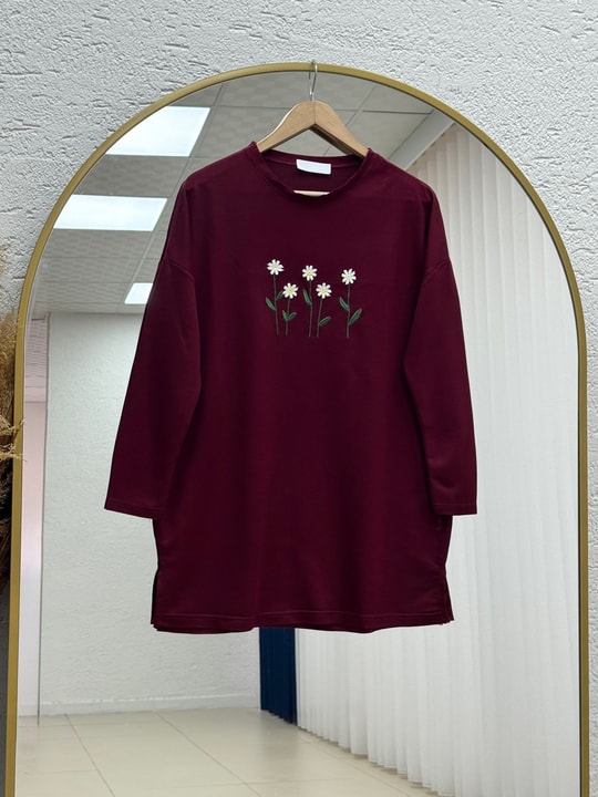 Laleay Zarif 5 Papatya Nakışlı Bluz-SS13148 Bordo