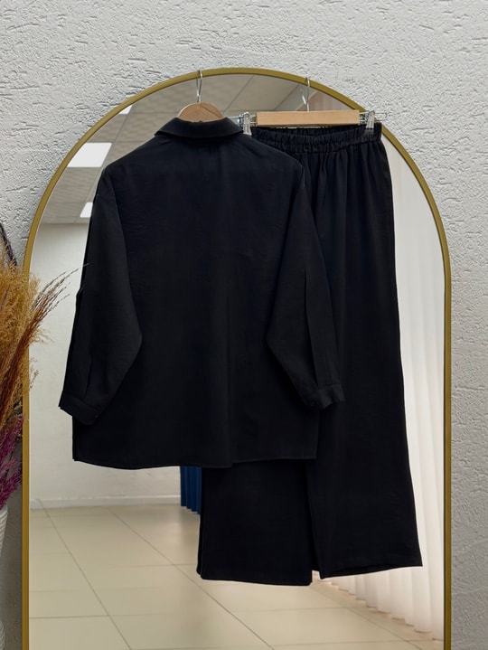 Laliz Tuniği Düğmeli Bol Paça Pantolonlu Takım-NL816 Siyah