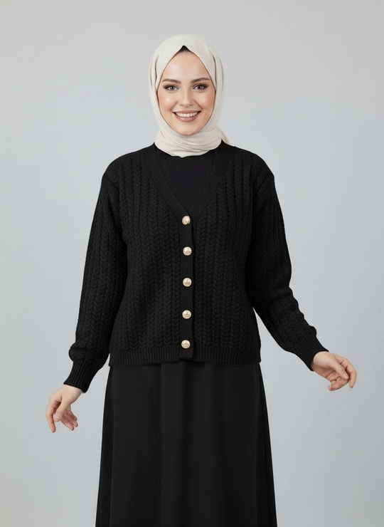 Lametta Gold Düğmeli Örgü Desen Triko Hırka-SY478 Siyah