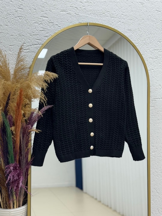 Lametta Gold Düğmeli Örgü Desen Triko Hırka-SY478 Siyah