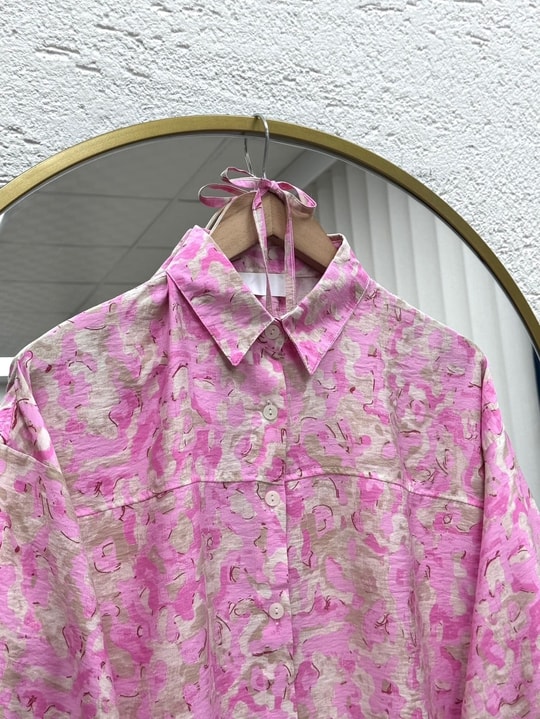 Lamyla Etnik Desen Bağcıklı Kısa Gömlek-PE266 Pembe