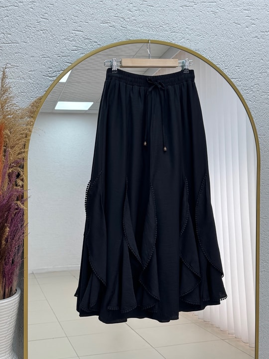 Lavona Fırfırları Dantelli Çilek Etek-AA4274 Siyah