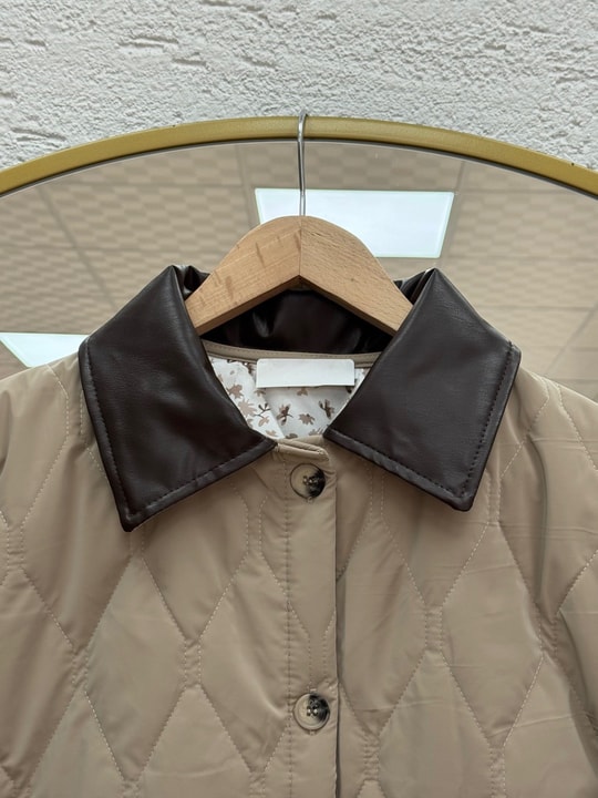 Leylanaz Yakası Deri Kapitone Mont-EN2229 Vizon