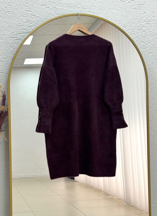 Lorin Kol Ucu Gold Düğmeli Uzun Triko Tunik-KR6015 Mürdüm