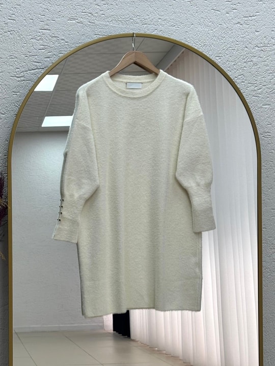Lorin Kol Ucu Gold Düğmeli Uzun Triko Tunik-KR6015 Ekru