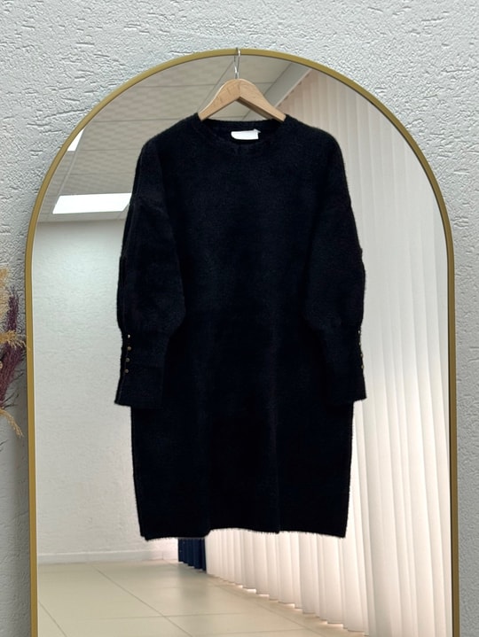 Lorin Kol Ucu Gold Düğmeli Uzun Triko Tunik-KR6015 Siyah