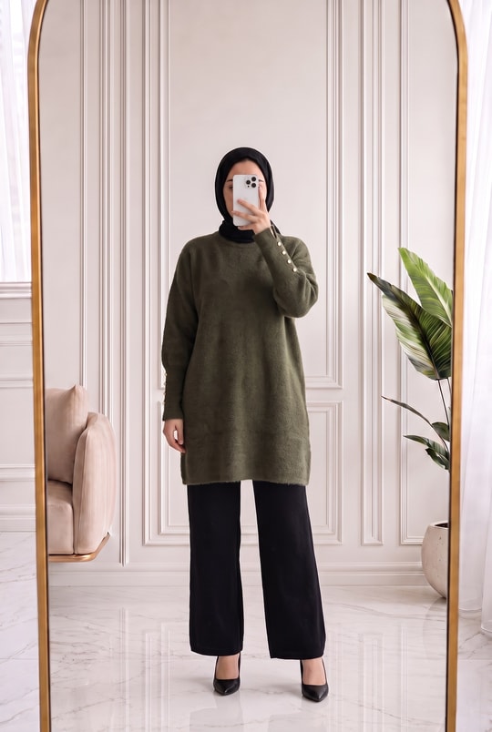Lorin Kol Ucu Gold Düğmeli Uzun Triko Tunik-KR6015 Haki