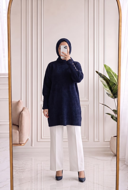 Lorin Kol Ucu Gold Düğmeli Uzun Triko Tunik-KR6015 Lacivert