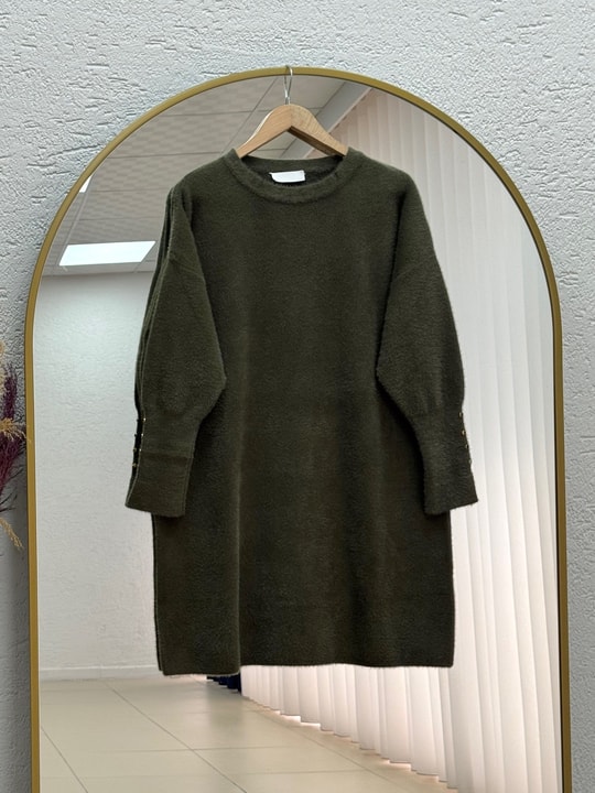 Lorin Kol Ucu Gold Düğmeli Uzun Triko Tunik-KR6015 Haki