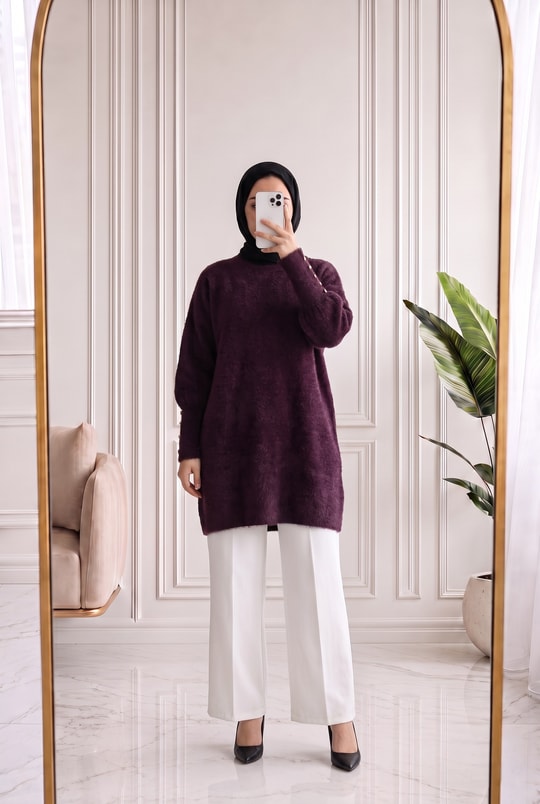 Lorin Kol Ucu Gold Düğmeli Uzun Triko Tunik-KR6015 Mürdüm