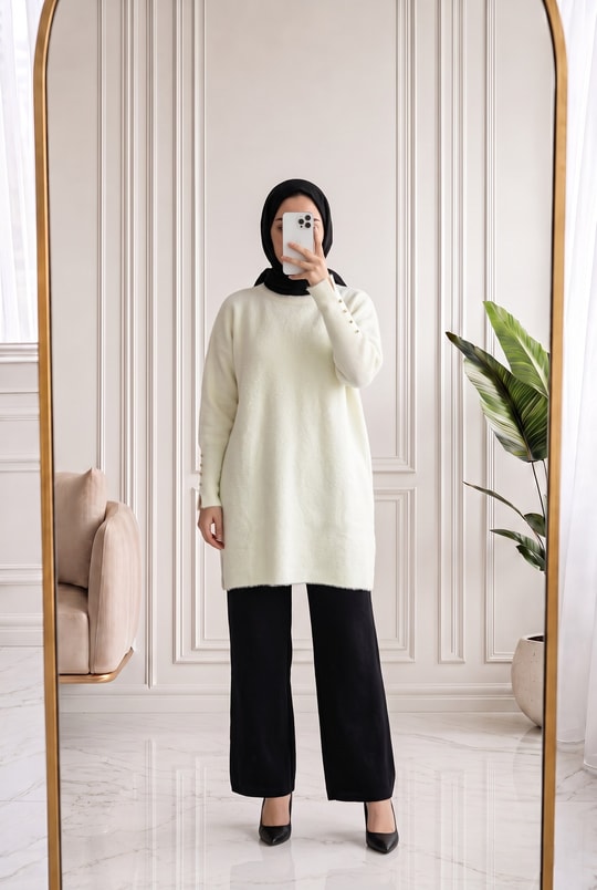 Lorin Kol Ucu Gold Düğmeli Uzun Triko Tunik-KR6015 Ekru
