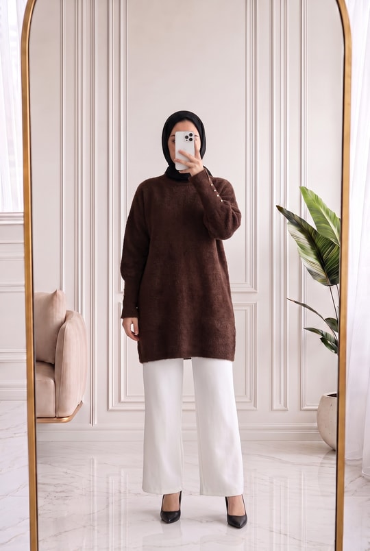 Lorin Kol Ucu Gold Düğmeli Uzun Triko Tunik-KR6015 Kahve