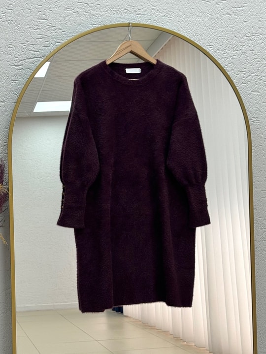 Lorin Kol Ucu Gold Düğmeli Uzun Triko Tunik-KR6015 Mürdüm
