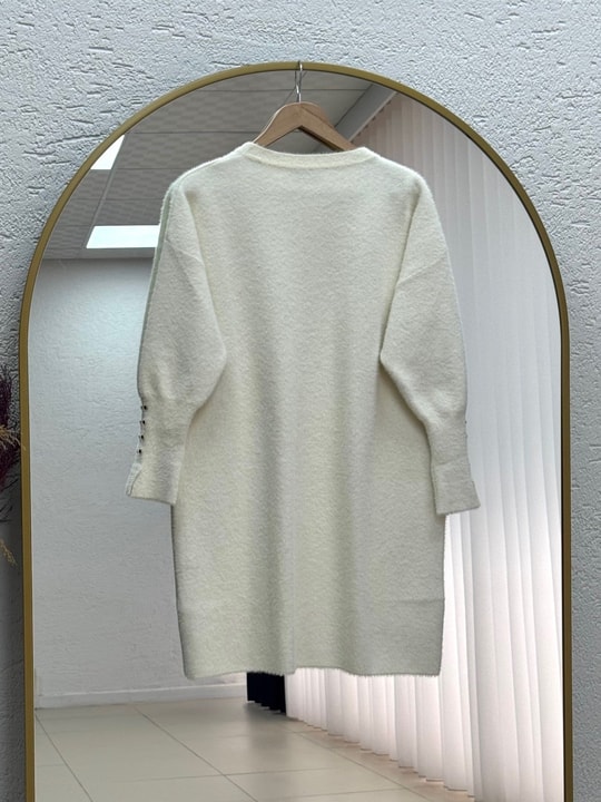 Lorin Kol Ucu Gold Düğmeli Uzun Triko Tunik-KR6015 Ekru