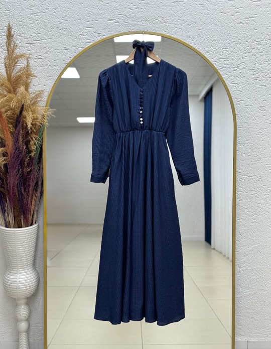 Loriya Önü Düğmeli Beli Lastikli Bella Elbise-EK635 Lacivert
