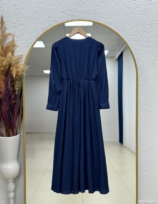 Loriya Önü Düğmeli Beli Lastikli Bella Elbise-EK635 Lacivert