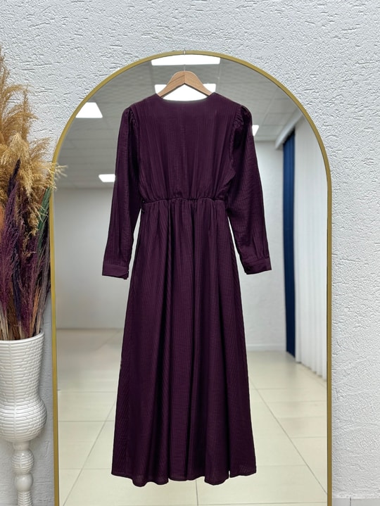 Loriya Önü Düğmeli Beli Lastikli Bella Elbise-EK635 Mürdüm
