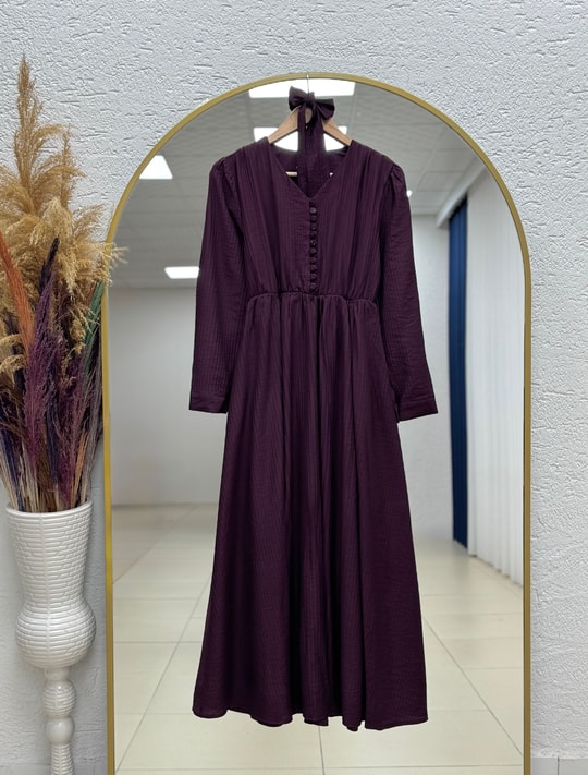 Loriya Önü Düğmeli Beli Lastikli Bella Elbise-EK635 Mürdüm
