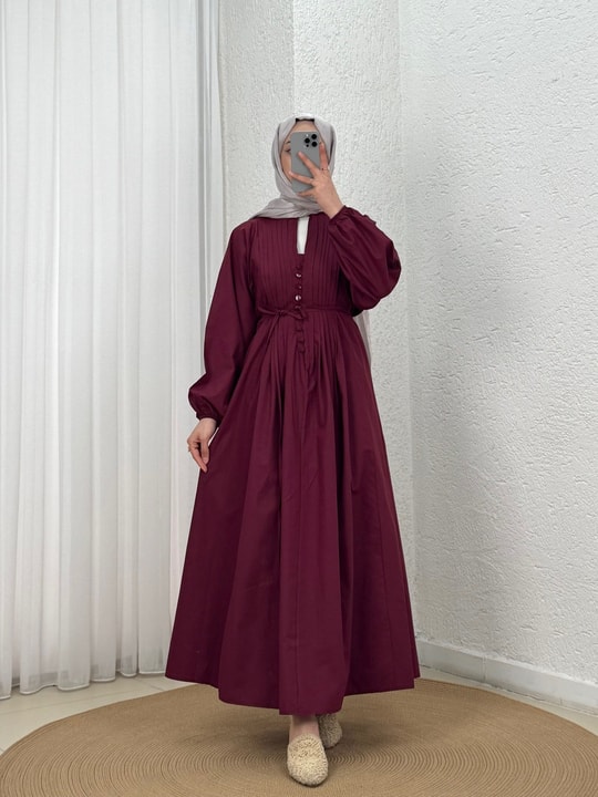 Loryla Önü Nervürlü Biyeli Vual Elbise-EK606.1 Bordo