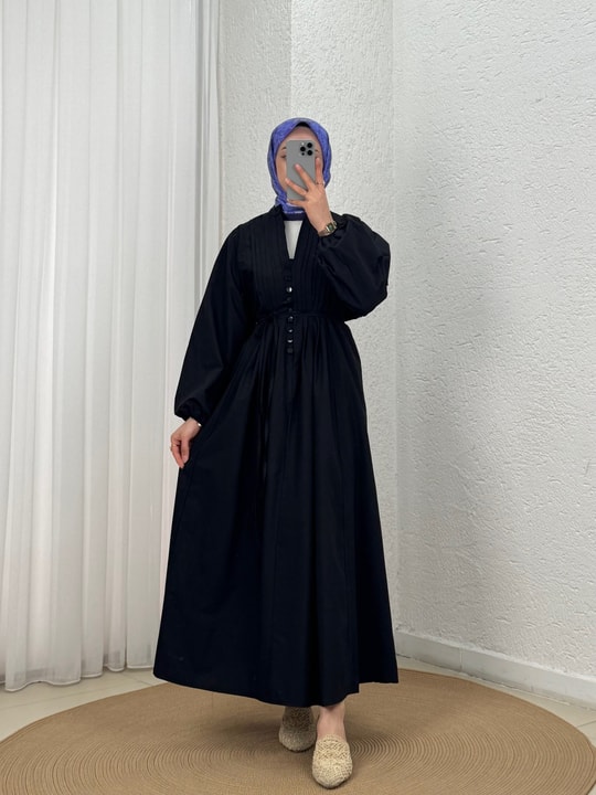 Loryla Önü Nervürlü Biyeli Vual Elbise-EK606.1 Siyah
