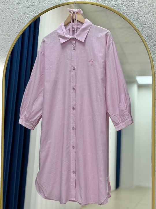 Lunara Bilek Büzgülü Nakışlı Keten Tunik-EK141.19 Pembe