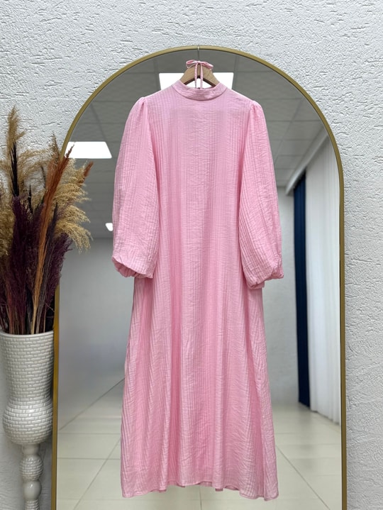 Lunia Balon Kol Hakim Yaka Kuşaklı Vrn Elbise-EK124.12 Pembe