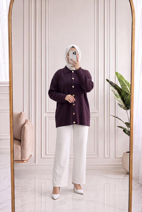 Maelle Gold Düğmeli Triko Hırka-Zİ7082 Mürdüm