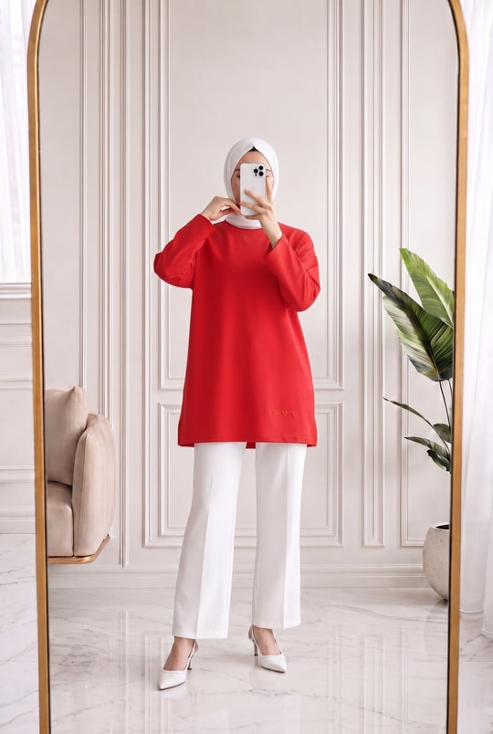 Mahay Kalp Nakışlı Yırtmaçlı Tunik-SS13074 Kırmızı