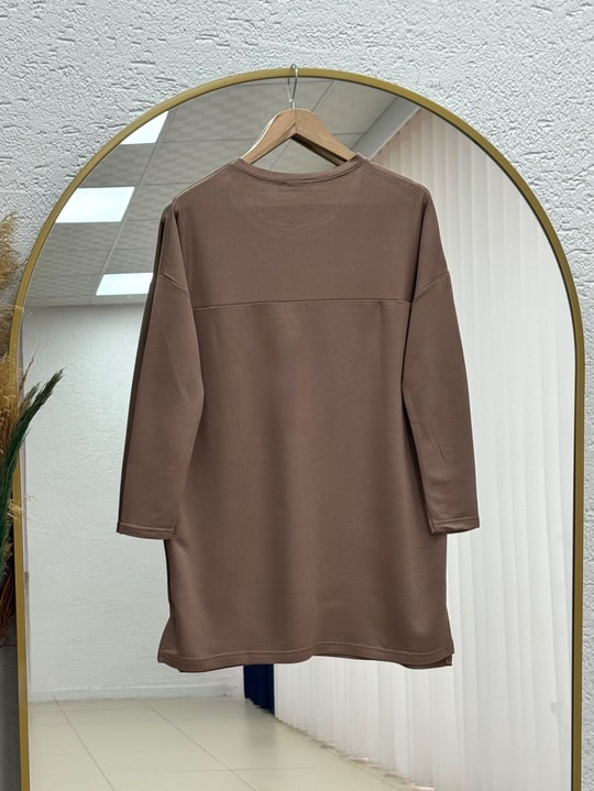 Mahay Kalp Nakışlı Yırtmaçlı Tunik-SS13074 Kahve