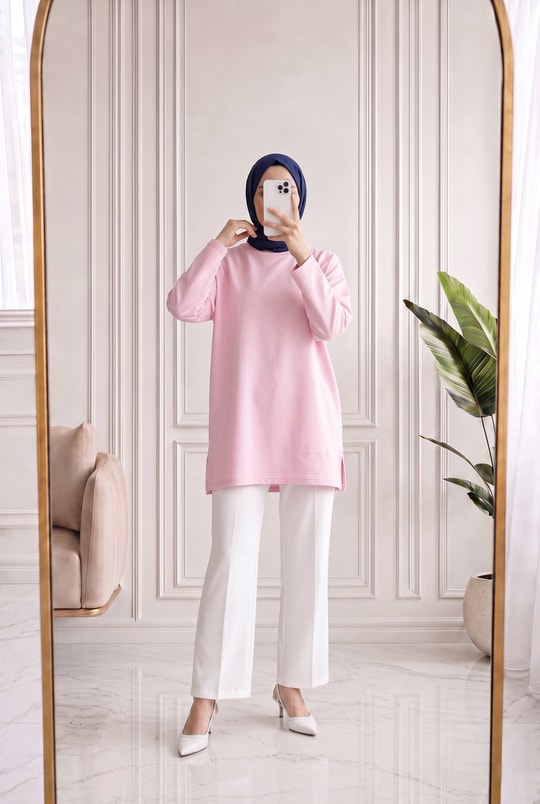 Mahay Kalp Nakışlı Yırtmaçlı Tunik-SS13074 Pembe