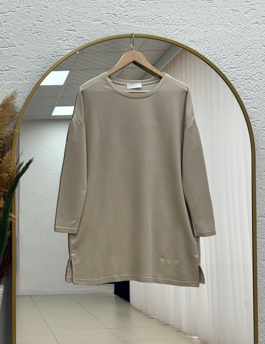 Mahay Kalp Nakışlı Yırtmaçlı Tunik-SS13074 Taş