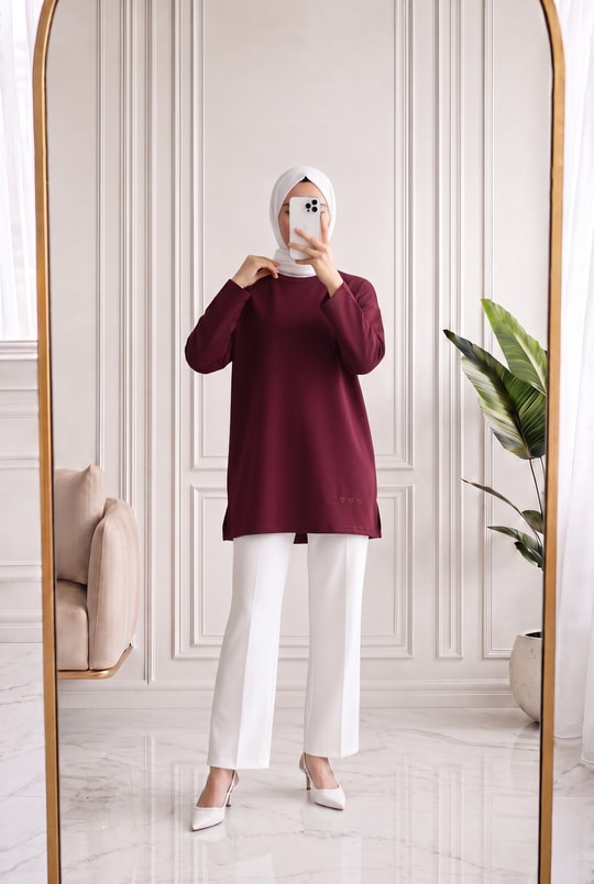 Mahay Kalp Nakışlı Yırtmaçlı Tunik-SS13074 Bordo