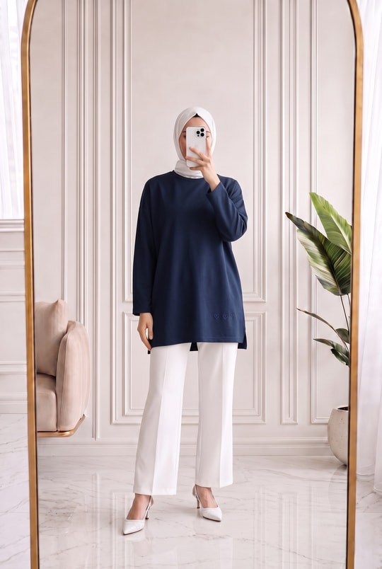 Mahay Kalp Nakışlı Yırtmaçlı Tunik-SS13074 Lacivert