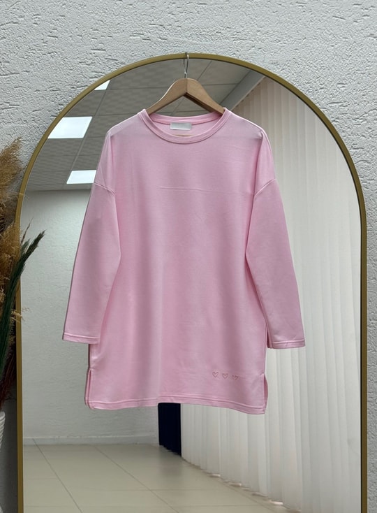 Mahay Kalp Nakışlı Yırtmaçlı Tunik-SS13074 Pembe