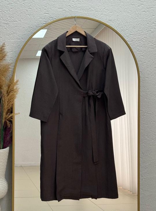 Mahbanu Gömlek Yaka Yırtmaçlı Kimono Kap-EK1107 Kahve