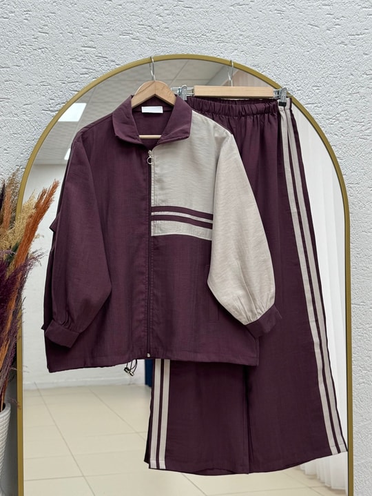 Mahgül Yanı Şeritli Fermuarlı Pantolonlu Takım-PN3188 Bordo