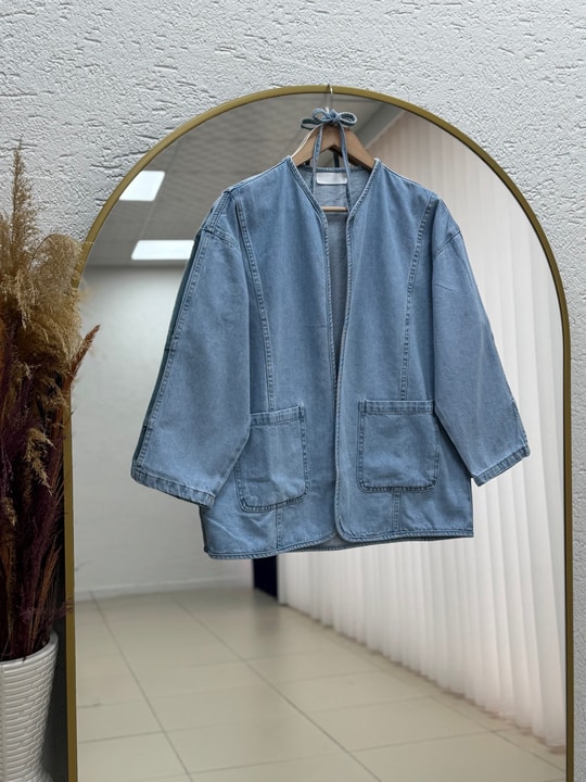 Mahira Çift Cepli Belden Bağlamalı Kot Kimono-LS2584 Açık Mavi