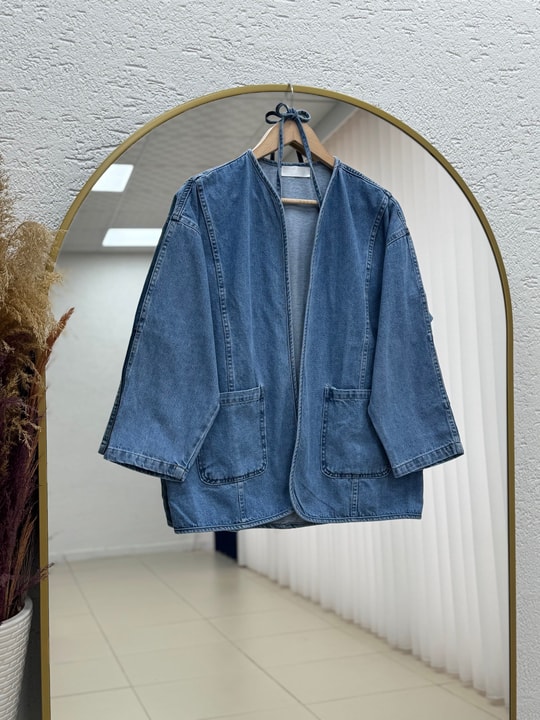 Mahira Çift Cepli Belden Bağlamalı Kot Kimono-LS2584 Mavi