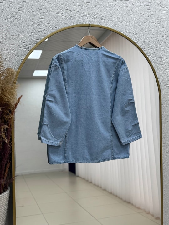 Mahira Çift Cepli Belden Bağlamalı Kot Kimono-LS2584 Açık Mavi