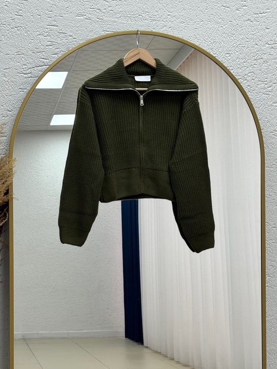 Mahnur Fermuarlı Boğazlı Triko Hırka-KR6005 Haki