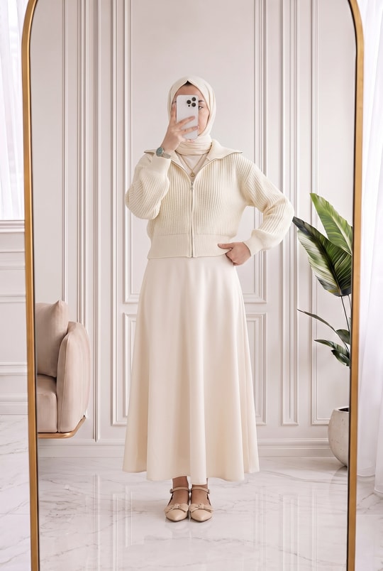 Mahnur Fermuarlı Boğazlı Triko Hırka-KR6005 Ekru