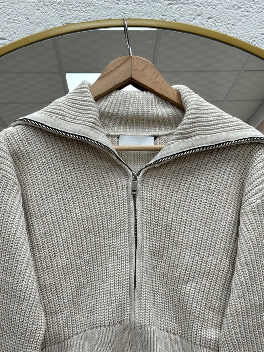 Mahnur Fermuarlı Boğazlı Triko Hırka-KR6005 Taş