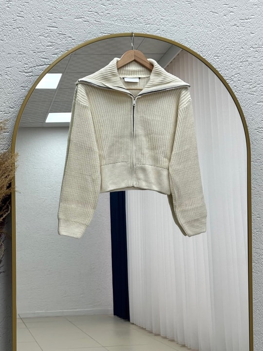 Mahnur Fermuarlı Boğazlı Triko Hırka-KR6005 Ekru