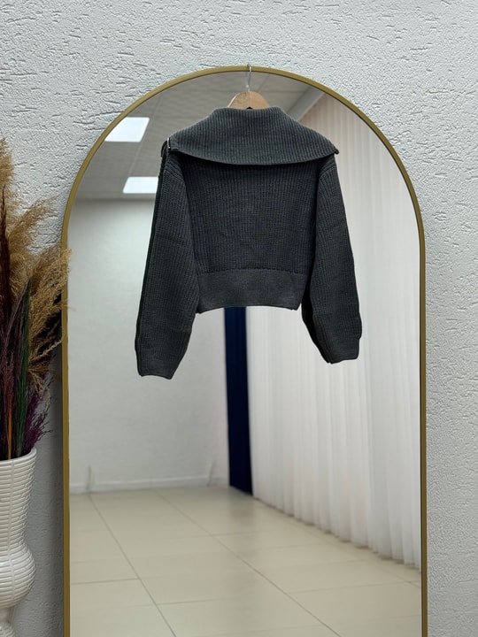 Mahnur Fermuarlı Boğazlı Triko Hırka-KR6005 Gri