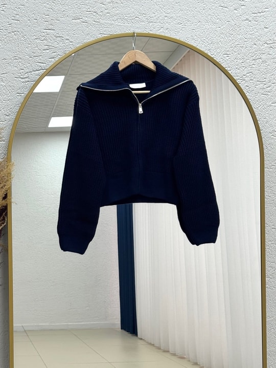 Mahnur Fermuarlı Boğazlı Triko Hırka-KR6005 Lacivert