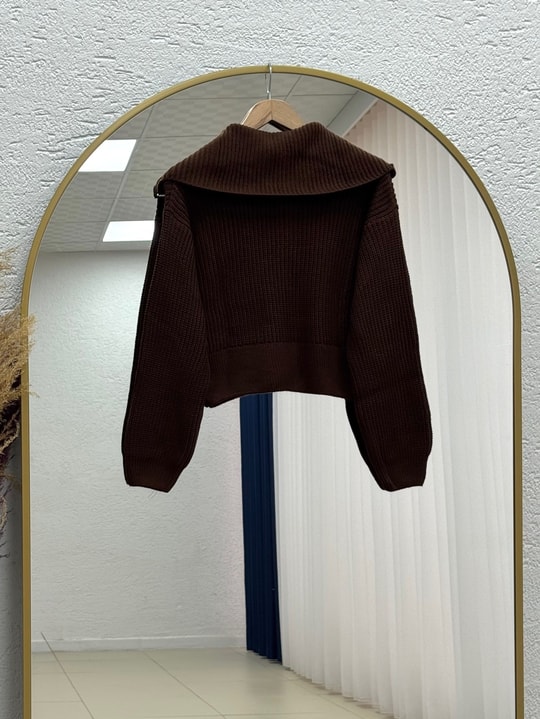 Mahnur Fermuarlı Boğazlı Triko Hırka-KR6005 Kahve