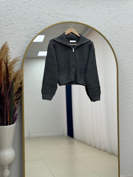Mahnur Fermuarlı Boğazlı Triko Hırka-KR6005 Gri