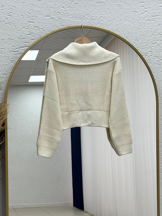 Mahnur Fermuarlı Boğazlı Triko Hırka-KR6005 Ekru
