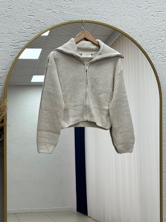 Mahnur Fermuarlı Boğazlı Triko Hırka-KR6005 Taş