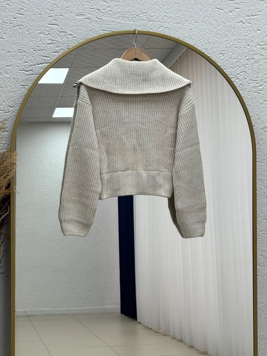 Mahnur Fermuarlı Boğazlı Triko Hırka-KR6005 Taş